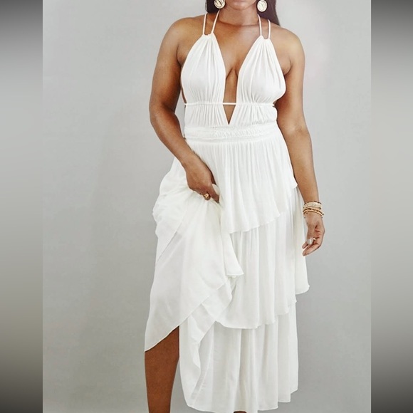 Plunge Front Backless Tiered Ruffle Summer Beach Maxi Dress in White - Picture 2 of 5
